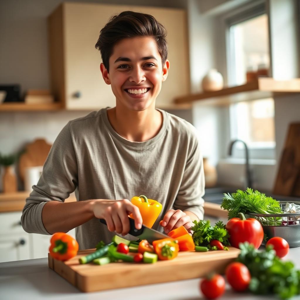 A young adult smiling while chopping fresh vegetables