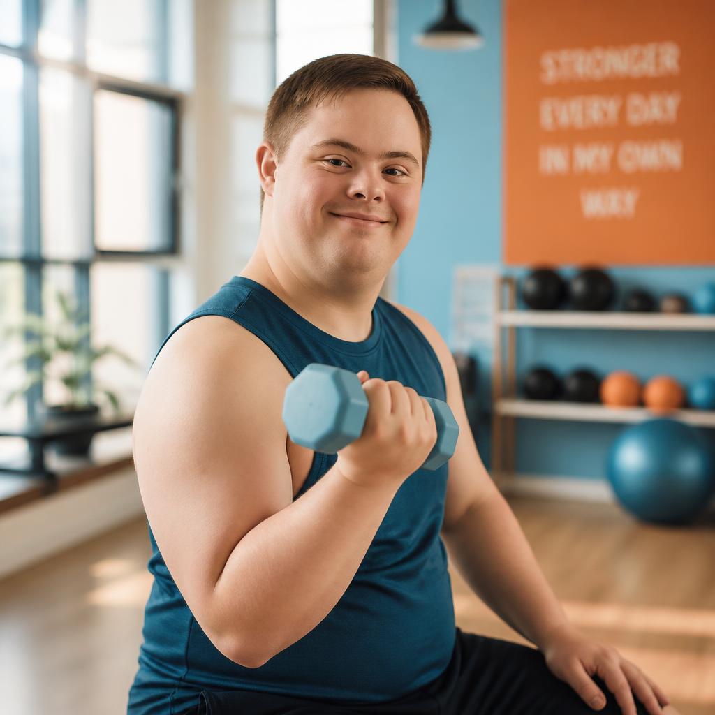 An adult confidently lifting a dumbbell in a bright studio